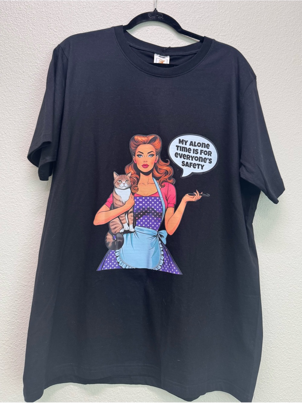 NWOT Black Graphic Tee with Retro Woman & Cat, Funny Tee, Size XL